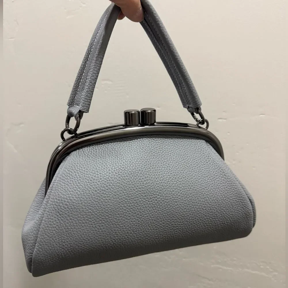 Gray Togo Cowhide Calfskin Handmade Kisslock Wristlet, Shoulder Bag, Crossbody
